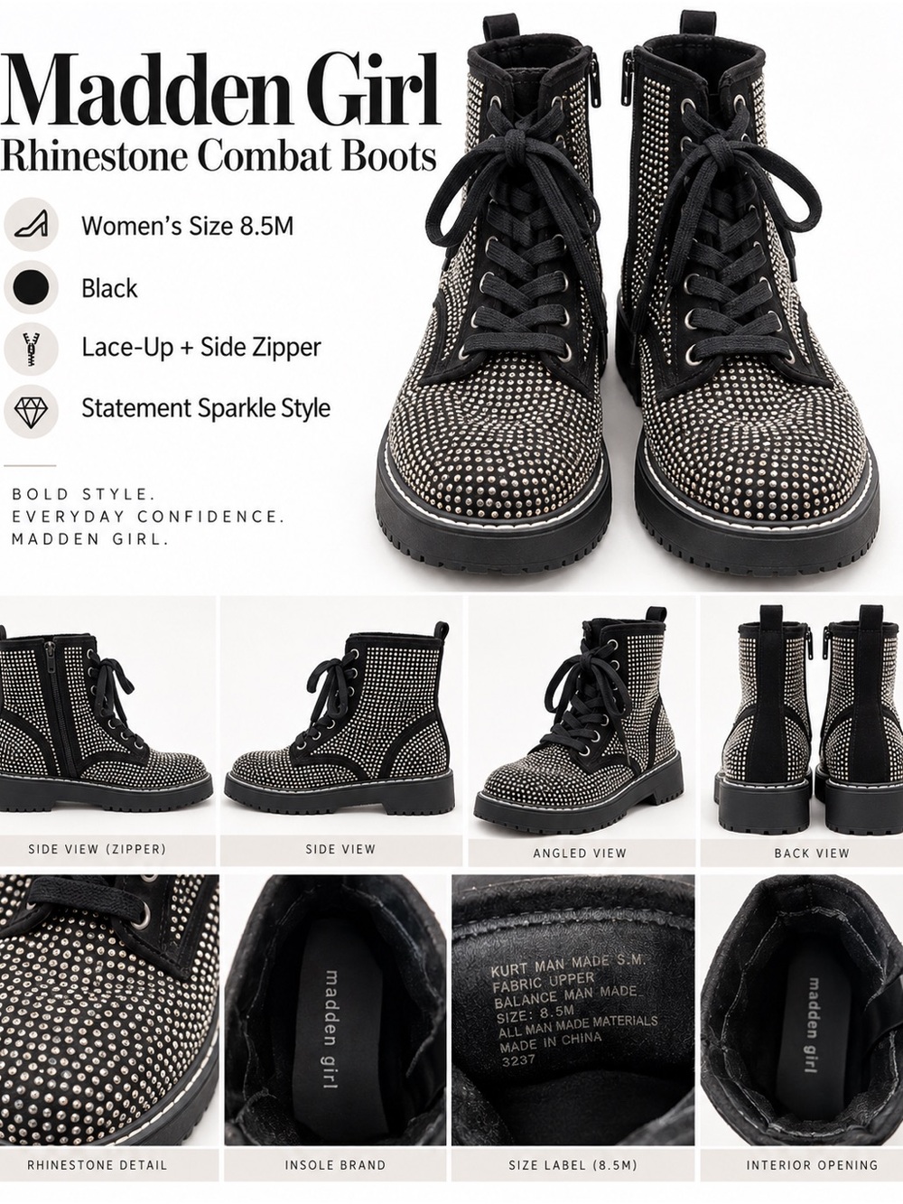 Madden Girl Black Rhinestone Lace-Up Combat Boots
